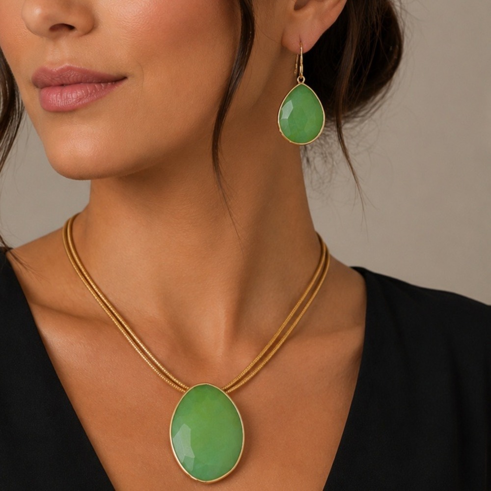 Jade Green Color‎ Faceted Stone Necklace Earrings Set Gold Tone Dbl Snake Chain